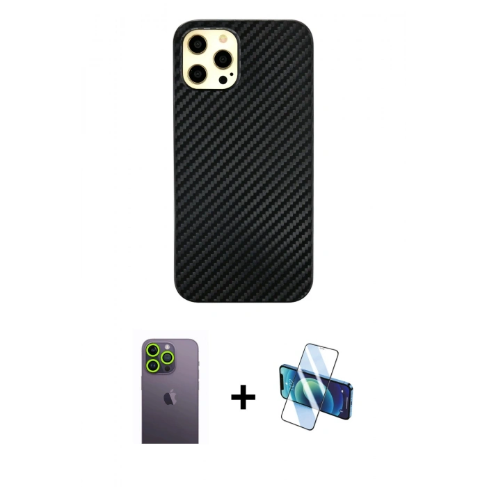 MARSİLYAN™- iPhone 12 Pro Max Kılıf Nova Çizgi - Siyah 3D Antistatik Cam Ekran Koruyucu + Neon Fosforlu Kamera Lens - YL