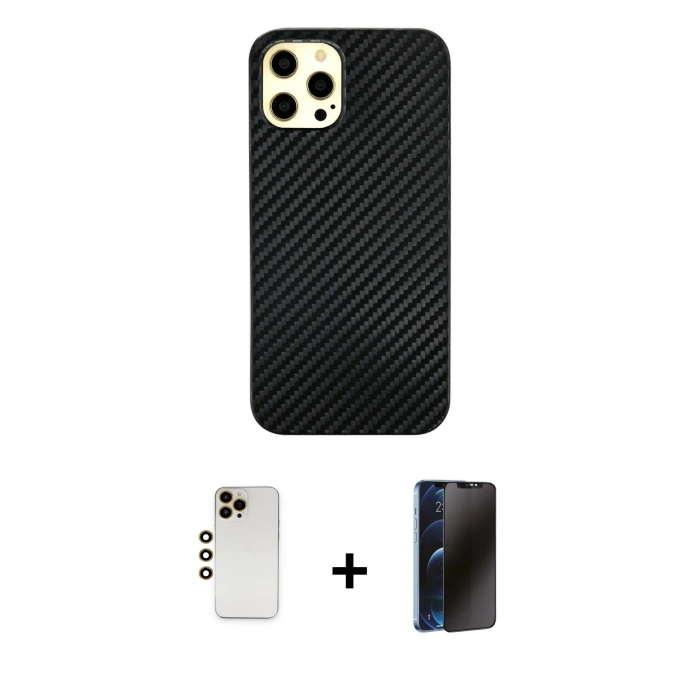 MARSİLYAN™- iPhone 12 Pro Max Kılıf Nova Çizgi - Siyah 3D Antistatik Hayalet Cam Ekran Koruyucu + Shine Kamera Lens - GD