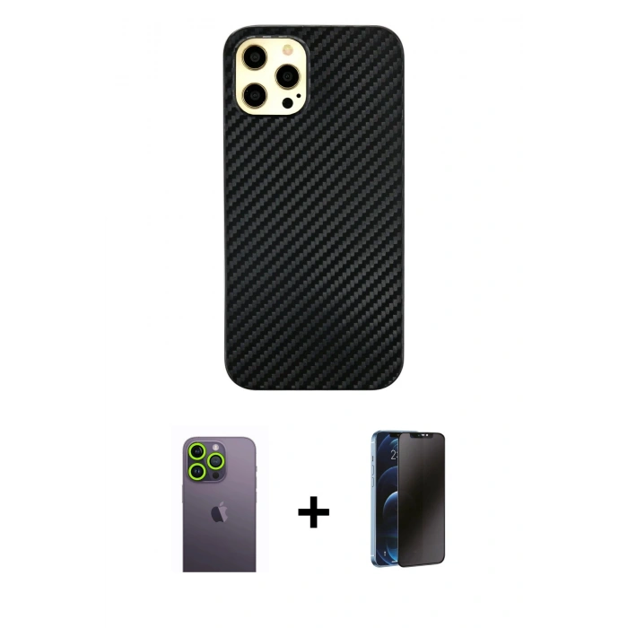 MARSİLYAN™- iPhone 12 Pro Max Kılıf Nova Çizgi - Siyah 3D Antistatik Hayalet Cam Ekran Koruyucu + Neon Fosforlu Kamera Lens - YL