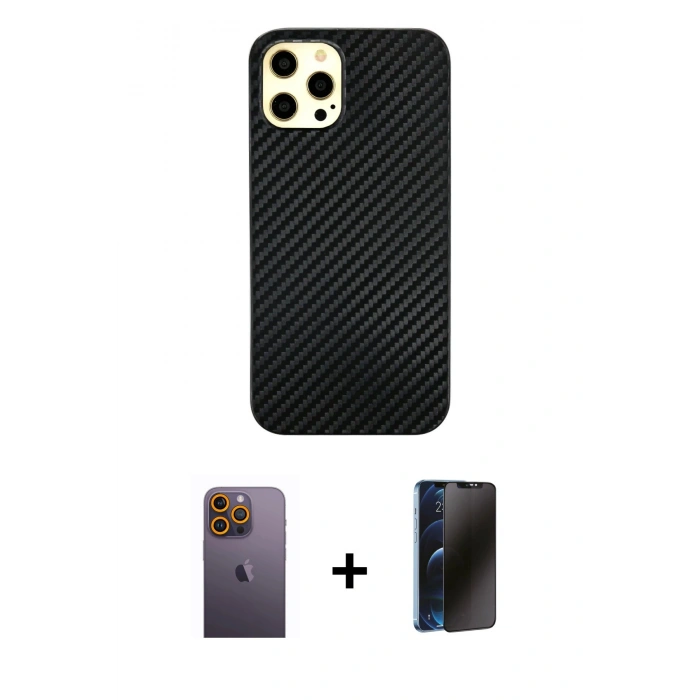 MARSİLYAN™- iPhone 12 Pro Max Kılıf Nova Çizgi - Siyah 3D Antistatik Hayalet Cam Ekran Koruyucu + Neon Fosforlu Kamera Lens - SI