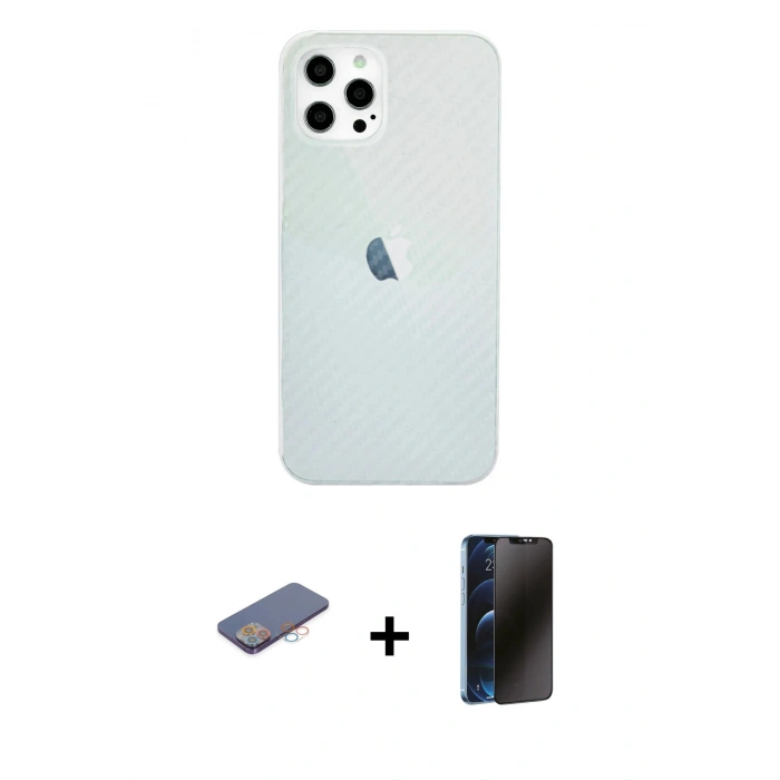 MARSİLYAN™- iPhone 12 Pro Max Kılıf Nova Çizgi - Siyah 3D Antistatik Hayalet Cam Ekran Koruyucu + Renkli Kamera Lens Koruma Cam - PE