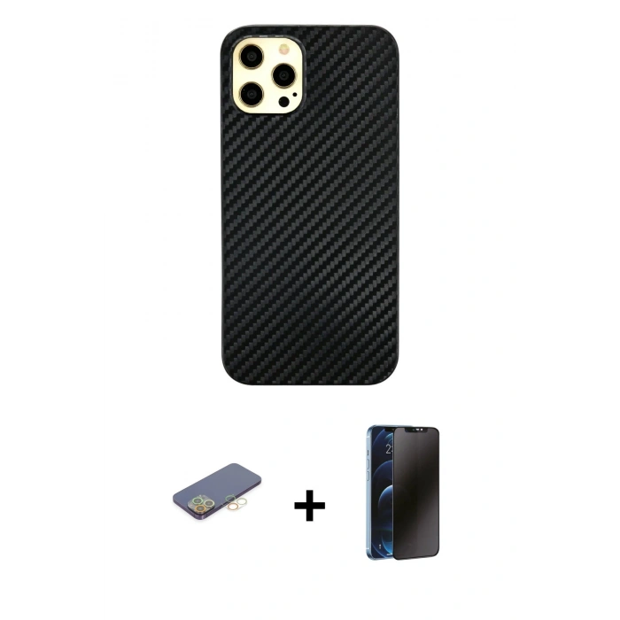 MARSİLYAN™- iPhone 12 Pro Max Kılıf Nova Çizgi - Siyah 3D Antistatik Hayalet Cam Ekran Koruyucu + Renkli Kamera Lens Koruma Cam - SI