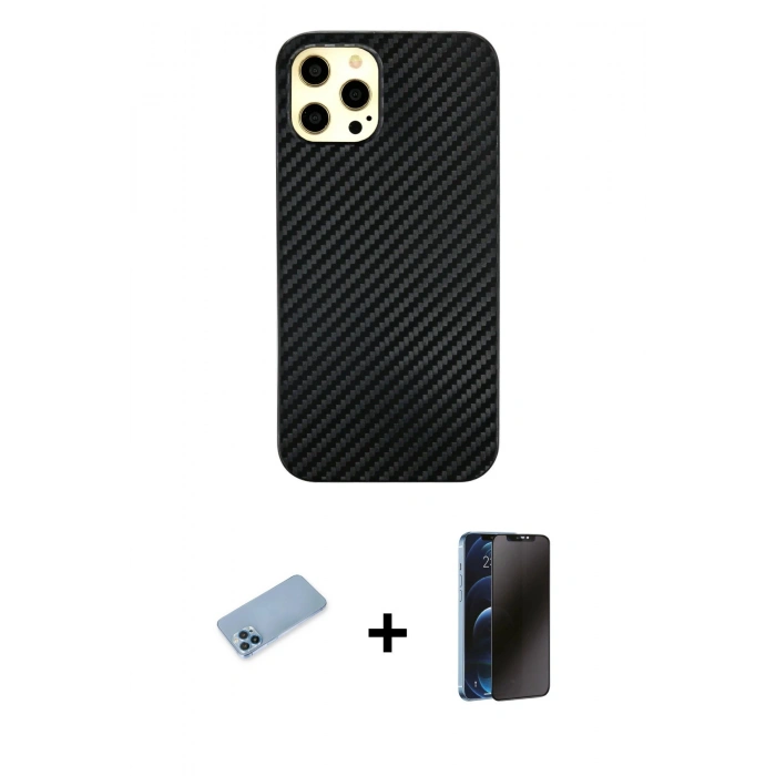 MARSİLYAN™- iPhone 12 Pro Max Kılıf Nova Çizgi - Siyah 3D Antistatik Hayalet Cam Ekran Koruyucu + Shine Kamera Lens Koruma Cam - MI