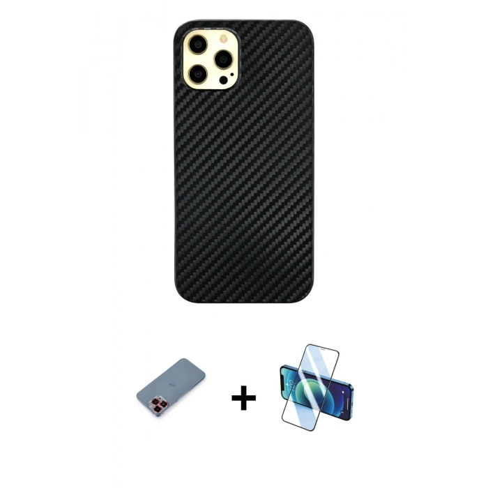 MARSİLYAN™- iPhone 12 Pro Max Kılıf Nova Çizgi - Siyah 3D Antistatik Seramik Nano Ekran Koruyucu + Metal Kamera Lens Koruma Cam - KI