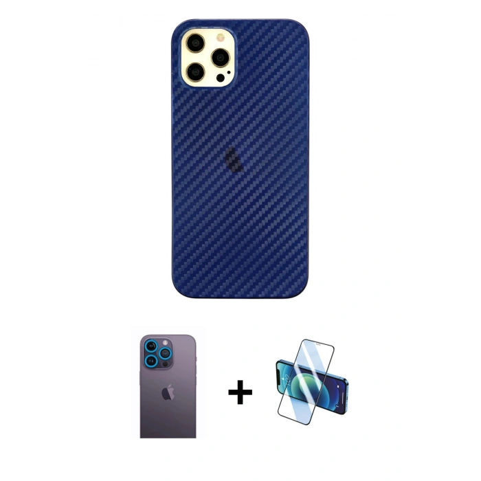 MARSİLYAN™- iPhone 12 Pro Max Kılıf Nova Çizgi - Siyah 3D Antistatik Seramik Nano Ekran Koruyucu + Neon Fosforlu Kamera Lens - MI