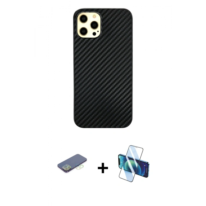 MARSİLYAN™- iPhone 12 Pro Max Kılıf Nova Çizgi - Siyah 3D Antistatik Seramik Nano Ekran Koruyucu + Renkli Kamera Lens Koruma Cam - YL