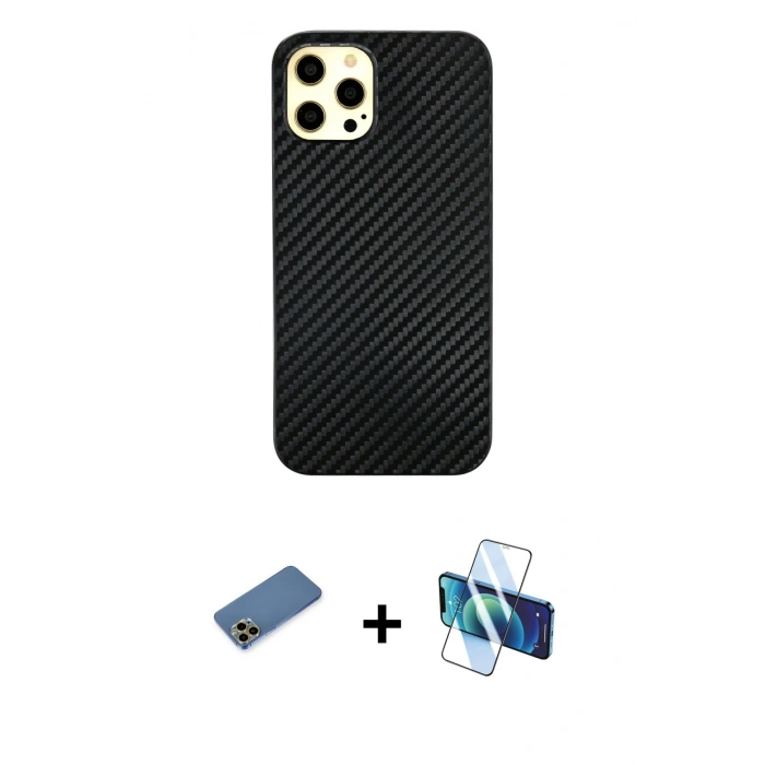 MARSİLYAN™- iPhone 12 Pro Max Kılıf Nova Çizgi - Siyah 3D Antistatik Seramik Nano Ekran Koruyucu + Shine Kamera Lens Koruma Cam - GD