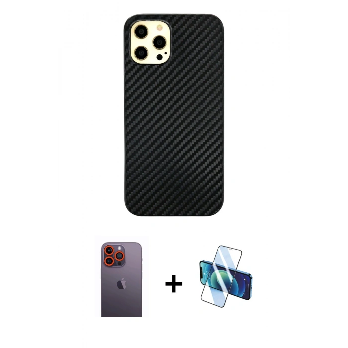 MARSİLYAN™- iPhone 12 Pro Max Kılıf Nova Çizgi - Siyah 3D Antistatik Seramik Nano Ekran Koruyucu + Neon Fosforlu Kamera Lens - TU