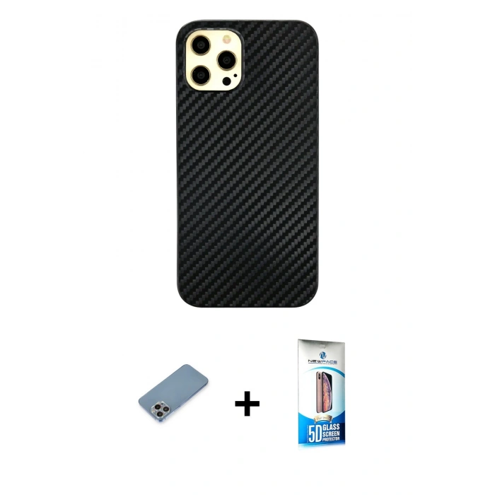 MARSİLYAN™- iPhone 12 Pro Max Kılıf Nova Çizgi - Siyah 5D Eko Cam Ekran Koruyucu + Shine Kamera Lens Koruma Cam - GI
