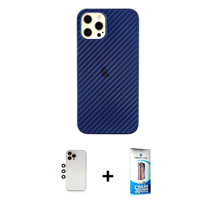 MARSİLYAN™- iPhone 12 Pro Max Kılıf Nova Çizgi - Siyah 5D Eko Cam Ekran Koruyucu + Shine Kamera Lens - GD