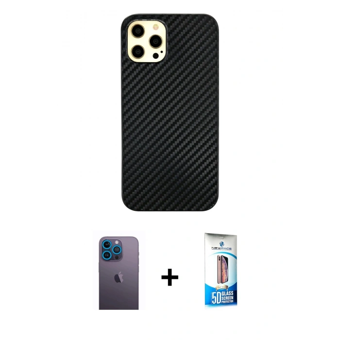 MARSİLYAN™- iPhone 12 Pro Max Kılıf Nova Çizgi - Siyah 5D Eko Cam Ekran Koruyucu + Neon Fosforlu Kamera Lens - MI