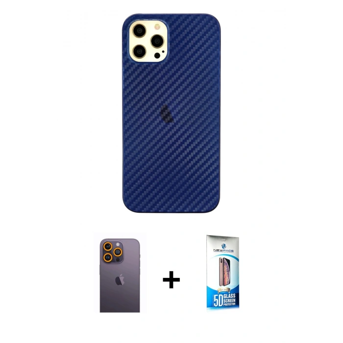 MARSİLYAN™- iPhone 12 Pro Max Kılıf Nova Çizgi - Siyah 5D Eko Cam Ekran Koruyucu + Neon Fosforlu Kamera Lens - SI