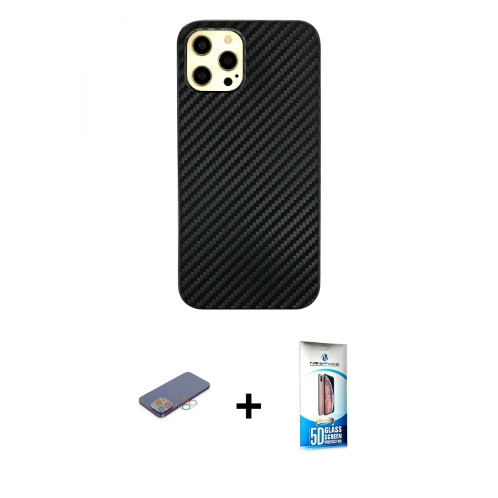 MARSİLYAN™- iPhone 12 Pro Max Kılıf Nova Çizgi - Siyah 5D Eko Cam Ekran Koruyucu + Renkli Kamera Lens Koruma Cam - PE