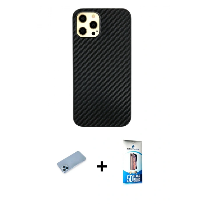 MARSİLYAN™- iPhone 12 Pro Max Kılıf Nova Çizgi - Siyah 5D Eko Cam Ekran Koruyucu + Shine Kamera Lens Koruma Cam - MI