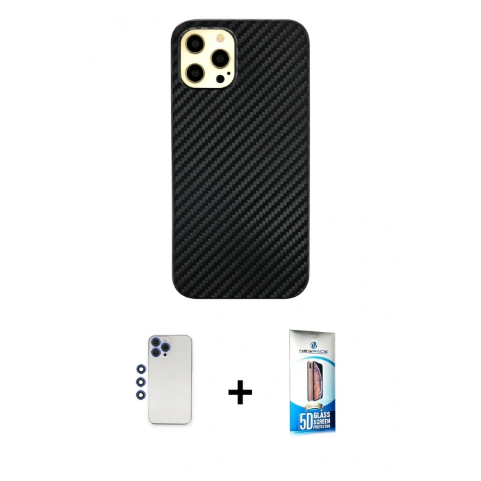 MARSİLYAN™- iPhone 12 Pro Max Kılıf Nova Çizgi - Siyah 5D Eko Cam Ekran Koruyucu + Shine Kamera Lens - LT