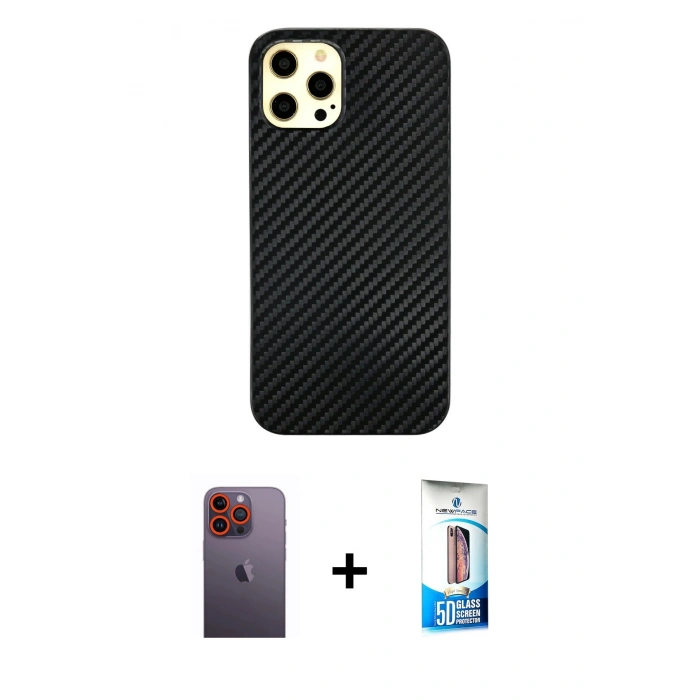 MARSİLYAN™- iPhone 12 Pro Max Kılıf Nova Çizgi - Siyah 5D Eko Cam Ekran Koruyucu + Turuncu Neon Fosforlu Kamera Lens