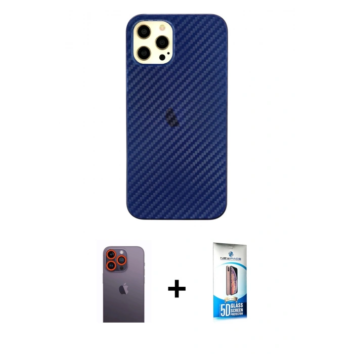 MARSİLYAN™- iPhone 12 Pro Max Kılıf Nova Çizgi - Siyah 5D Eko Cam Ekran Koruyucu + Turuncu Neon Fosforlu Kamera Lens