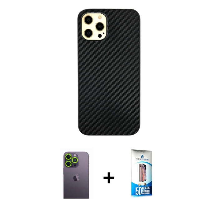 MARSİLYAN™- iPhone 12 Pro Max Kılıf Nova Çizgi - Siyah 5D Eko Cam Ekran Koruyucu + Yeşil Neon Fosforlu Kamera Lens
