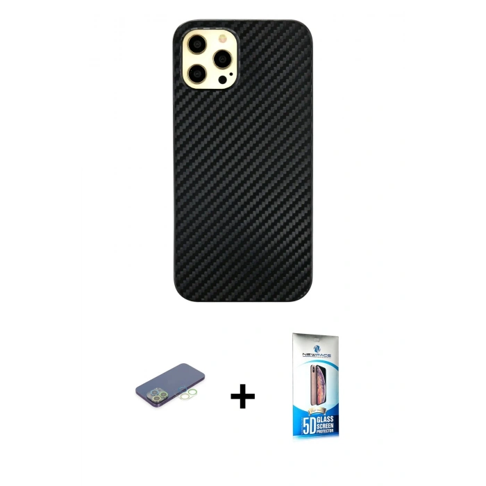 MARSİLYAN™- iPhone 12 Pro Max Kılıf Nova Çizgi - Siyah 5D Eko Cam Ekran Koruyucu + Yeşil Renkli Kamera Lens Koruma Cam