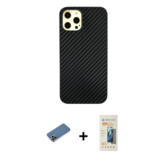 MARSİLYAN™- iPhone 12 Pro Max Kılıf Nova Çizgi - Siyah 6D Mat Seramik Hayalet Nano Ekran Koruyucu + Shine Kamera Lens Koruma Cam - GD