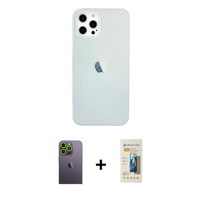 MARSİLYAN™- iPhone 12 Pro Max Kılıf Nova Çizgi - Siyah 6D Mat Seramik Hayalet Nano Ekran Koruyucu + Neon Fosforlu Kamera Lens - YL