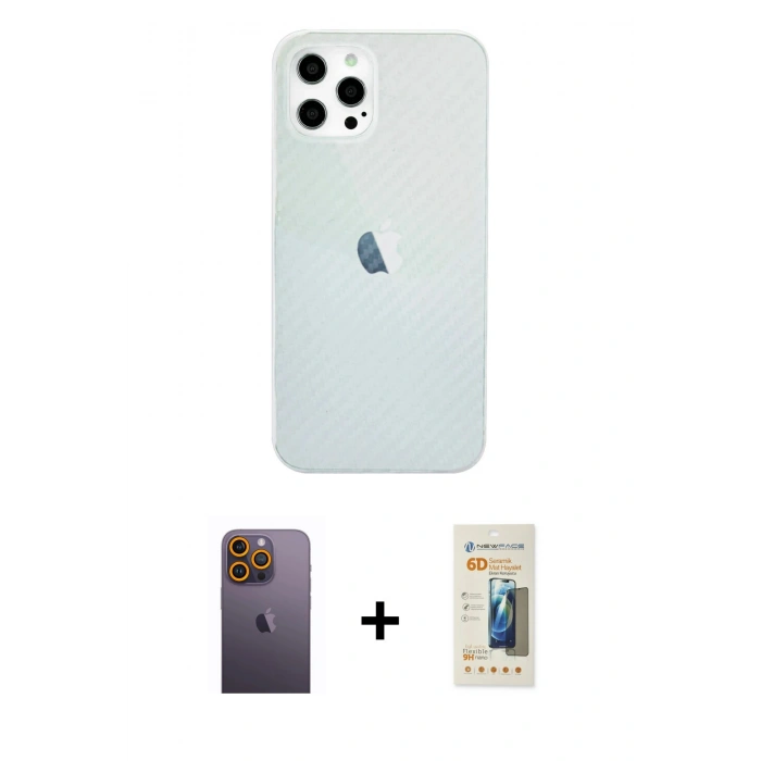 MARSİLYAN™- iPhone 12 Pro Max Kılıf Nova Çizgi - Siyah 6D Mat Seramik Hayalet Nano Ekran Koruyucu + Sarı Neon Fosforlu Kamera Lens