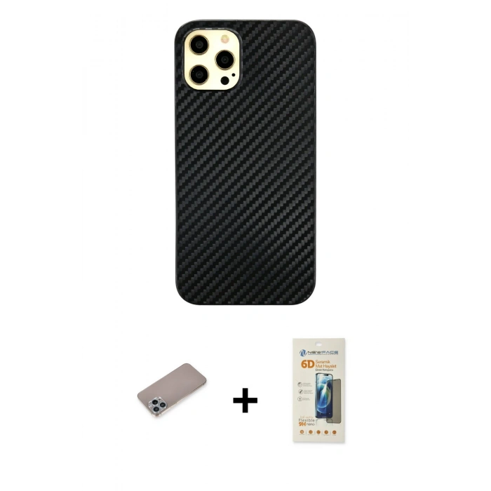 MARSİLYAN™- iPhone 12 Pro Max Kılıf Nova Çizgi - Siyah 6D Mat Seramik Hayalet Nano Ekran Koruyucu + Shine Kamera Lens Koruma Cam - SABE