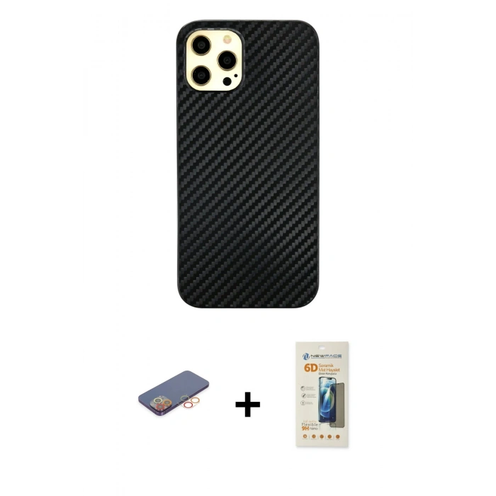 MARSİLYAN™- iPhone 12 Pro Max Kılıf Nova Çizgi - Siyah 6D Mat Seramik Hayalet Nano Ekran Koruyucu + Renkli Kamera Lens Koruma Cam - TU