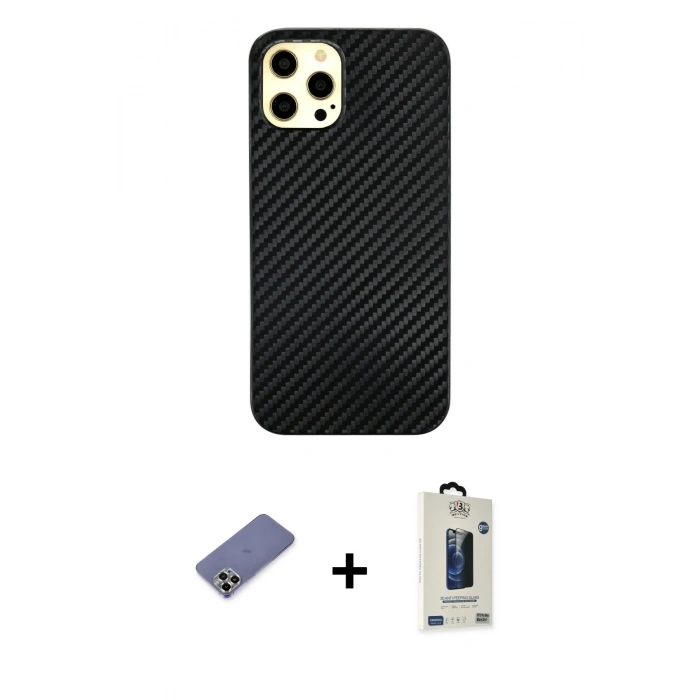 MARSİLYAN™- iPhone 12 Pro Max Kılıf Nova Çizgi - Siyah Bilvis Hayalet Cam Ekran Koruyucu + Metal Kamera Lens Koruma Cam - GD