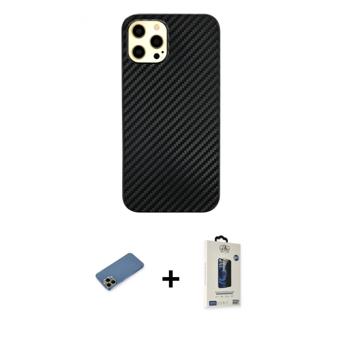 MARSİLYAN™- iPhone 12 Pro Max Kılıf Nova Çizgi - Siyah Bilvis Hayalet Cam Ekran Koruyucu + Shine Kamera Lens Koruma Cam - GD