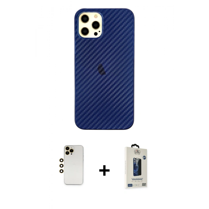 MARSİLYAN™- iPhone 12 Pro Max Kılıf Nova Çizgi - Siyah Bilvis Hayalet Cam Ekran Koruyucu + Shine Kamera Lens - GD