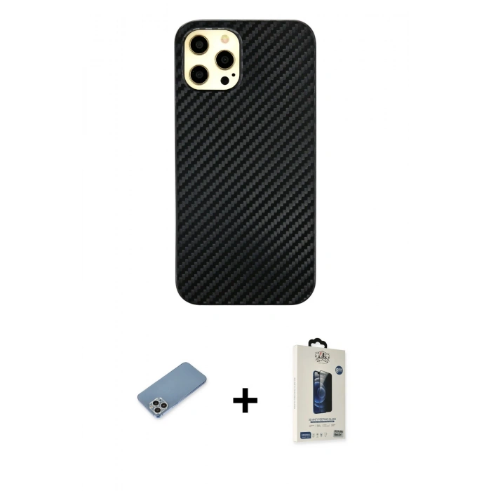 MARSİLYAN™- iPhone 12 Pro Max Kılıf Nova Çizgi - Siyah Bilvis Hayalet Cam Ekran Koruyucu + Shine Kamera Lens Koruma Cam - GS