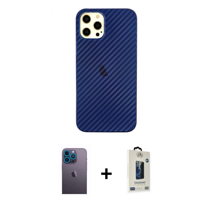 MARSİLYAN™- iPhone 12 Pro Max Kılıf Nova Çizgi - Siyah Bilvis Hayalet Cam Ekran Koruyucu + Neon Fosforlu Kamera Lens - MI