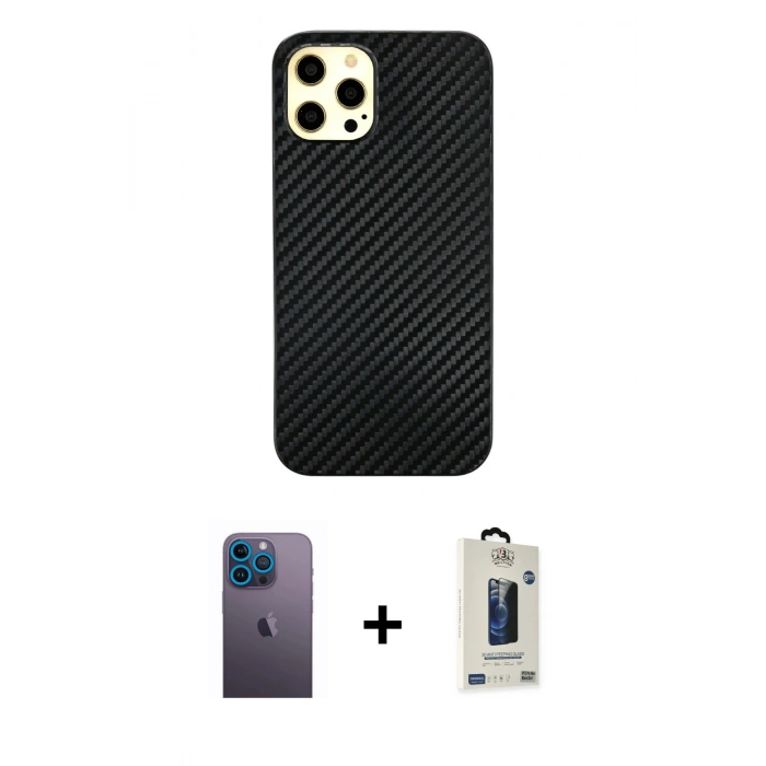 MARSİLYAN™- iPhone 12 Pro Max Kılıf Nova Çizgi - Siyah Bilvis Hayalet Cam Ekran Koruyucu + Neon Fosforlu Kamera Lens - MI