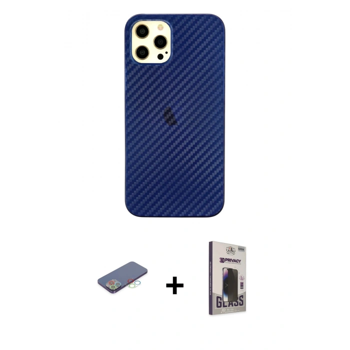 MARSİLYAN™- iPhone 12 Pro Max Kılıf Nova Çizgi - Siyah Bilvis Hayalet Cam Ekran Koruyucu + Mavi Renkli Kamera Lens Koruma Cam