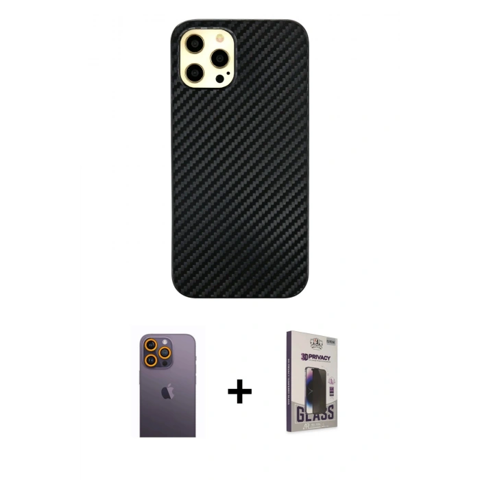 MARSİLYAN™- iPhone 12 Pro Max Kılıf Nova Çizgi - Siyah Bilvis Hayalet Cam Ekran Koruyucu + Neon Fosforlu Kamera Lens - SI