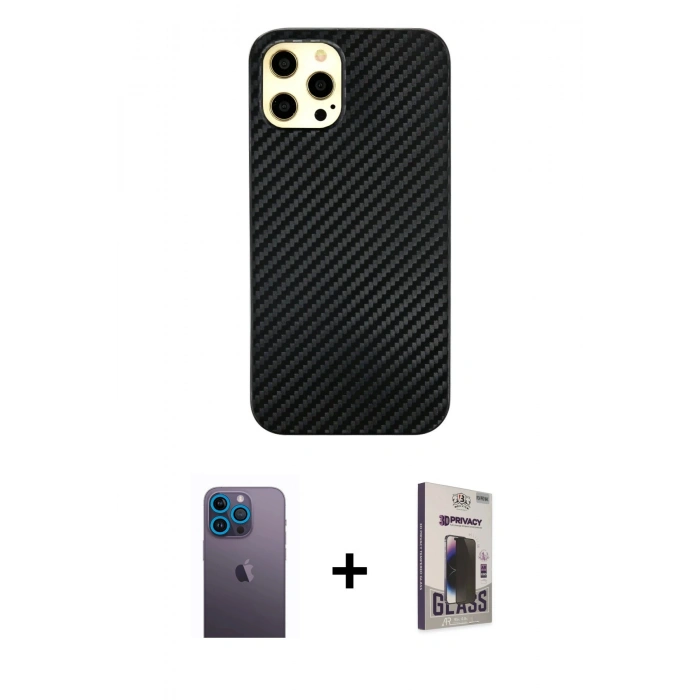 MARSİLYAN™- iPhone 12 Pro Max Kılıf Nova Çizgi - Siyah Bilvis Hayalet Cam Ekran Koruyucu + Neon Fosforlu Kamera Lens - MI