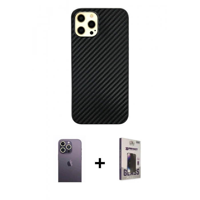 MARSİLYAN™- iPhone 12 Pro Max Kılıf Nova Çizgi - Siyah Bilvis Hayalet Cam Ekran Koruyucu + Neon Fosforlu Kamera Lens - BZ