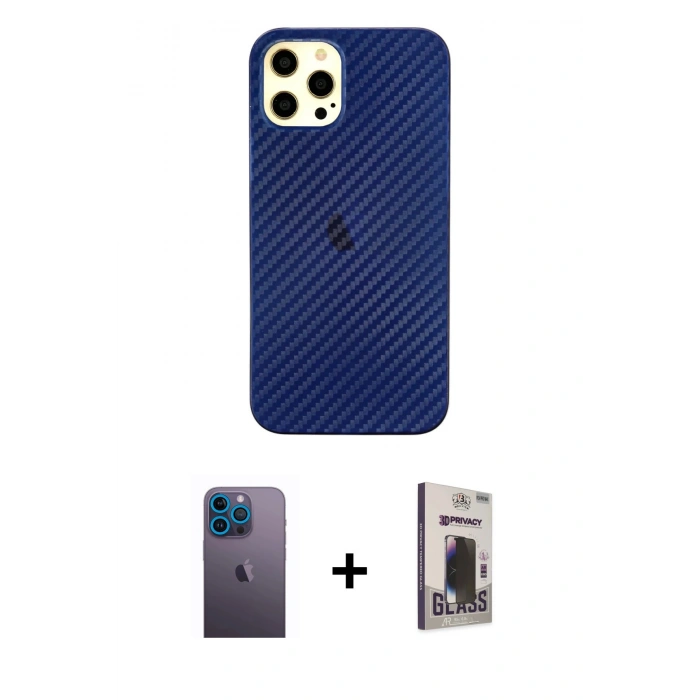 MARSİLYAN™- iPhone 12 Pro Max Kılıf Nova Çizgi - Siyah Bilvis Hayalet Cam Ekran Koruyucu + Neon Fosforlu Kamera Lens - MI