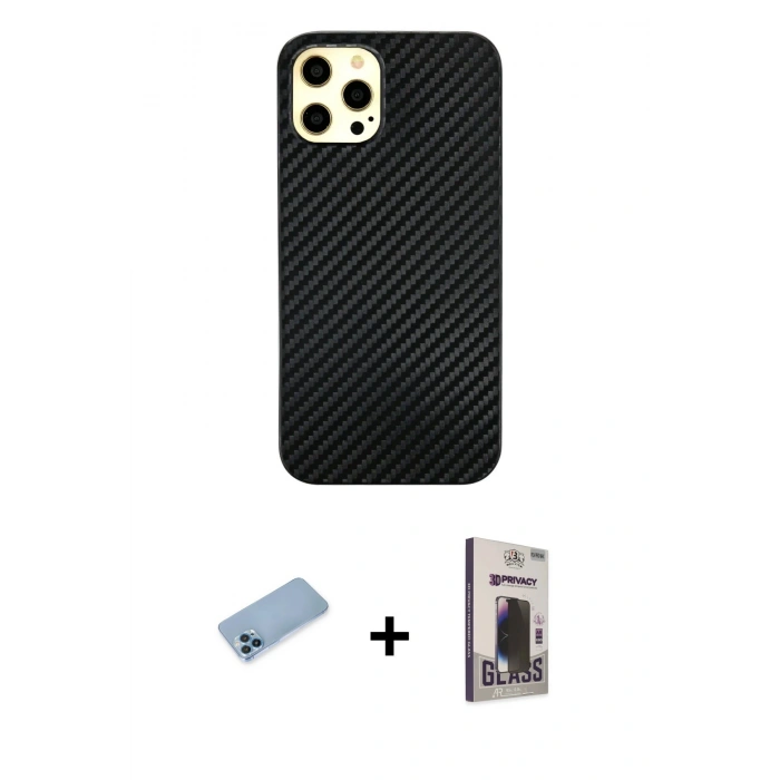 MARSİLYAN™- iPhone 12 Pro Max Kılıf Nova Çizgi - Siyah Bilvis Hayalet Cam Ekran Koruyucu + Shine Kamera Lens Koruma Cam - MI