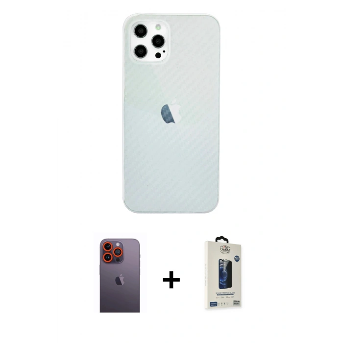 MARSİLYAN™- iPhone 12 Pro Max Kılıf Nova Çizgi - Siyah Bilvis Hayalet Cam Ekran Koruyucu + Turuncu Neon Fosforlu Kamera Lens