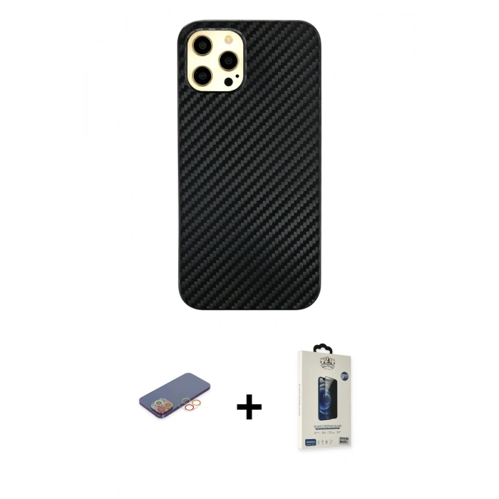 MARSİLYAN™- iPhone 12 Pro Max Kılıf Nova Çizgi - Siyah Bilvis Hayalet Cam Ekran Koruyucu + Turuncu Renkli Kamera Lens Koruma Cam