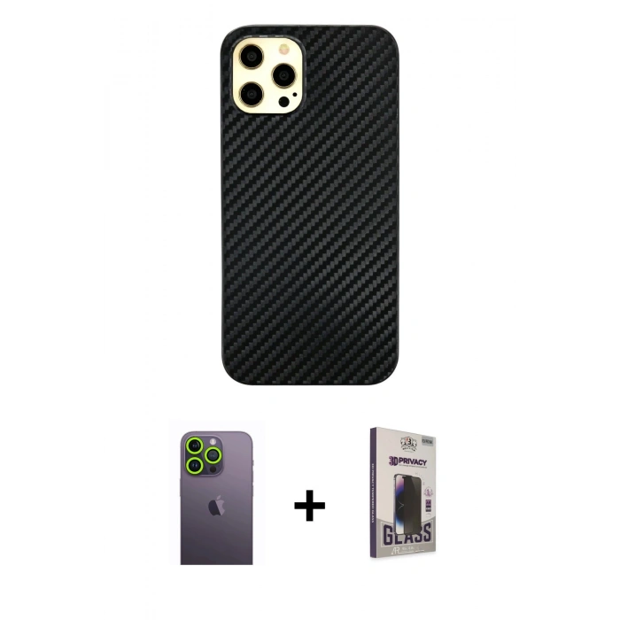 MARSİLYAN™- iPhone 12 Pro Max Kılıf Nova Çizgi - Siyah Bilvis Hayalet Cam Ekran Koruyucu + Neon Fosforlu Kamera Lens - YL