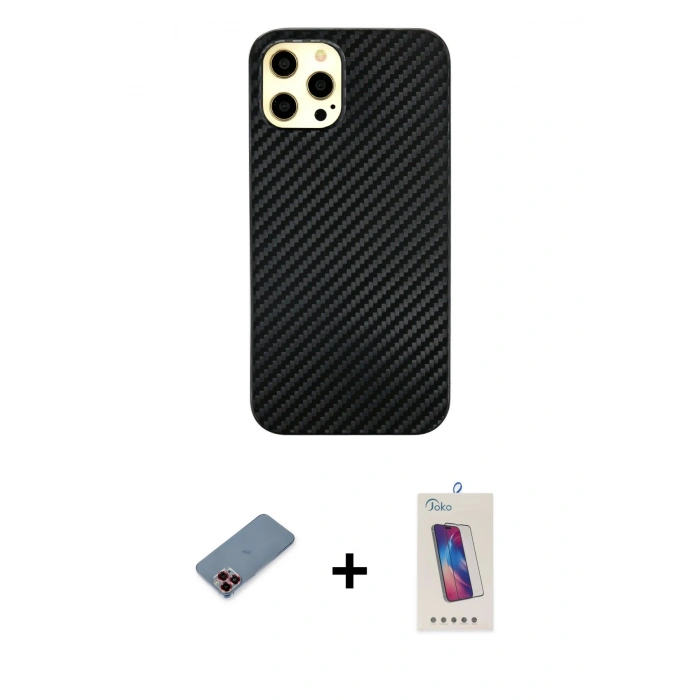 MARSİLYAN™- iPhone 12 Pro Max Kılıf Nova Çizgi - Siyah Joko 5D Cam + Metal Kamera Lens Koruma Cam - KI