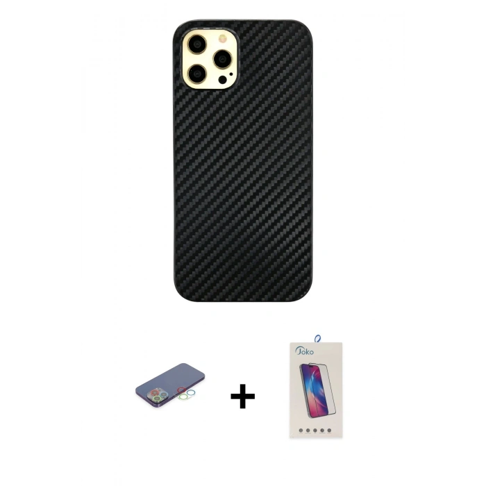 MARSİLYAN™- iPhone 12 Pro Max Kılıf Nova Çizgi - Siyah Joko 5D Cam + Renkli Kamera Lens Koruma Cam - MI