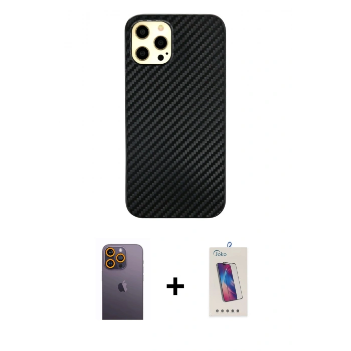 MARSİLYAN™- iPhone 12 Pro Max Kılıf Nova Çizgi - Siyah Joko 5D Cam + Neon Fosforlu Kamera Lens - SI