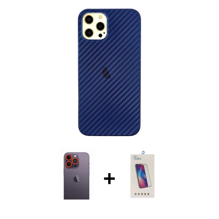 MARSİLYAN™- iPhone 12 Pro Max Kılıf Nova Çizgi - Siyah Joko 5D Cam + Neon Fosforlu Kamera Lens - TU