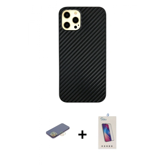 MARSİLYAN™- iPhone 12 Pro Max Kılıf Nova Çizgi - Siyah Joko 5D Cam + Renkli Kamera Lens Koruma Cam - SI