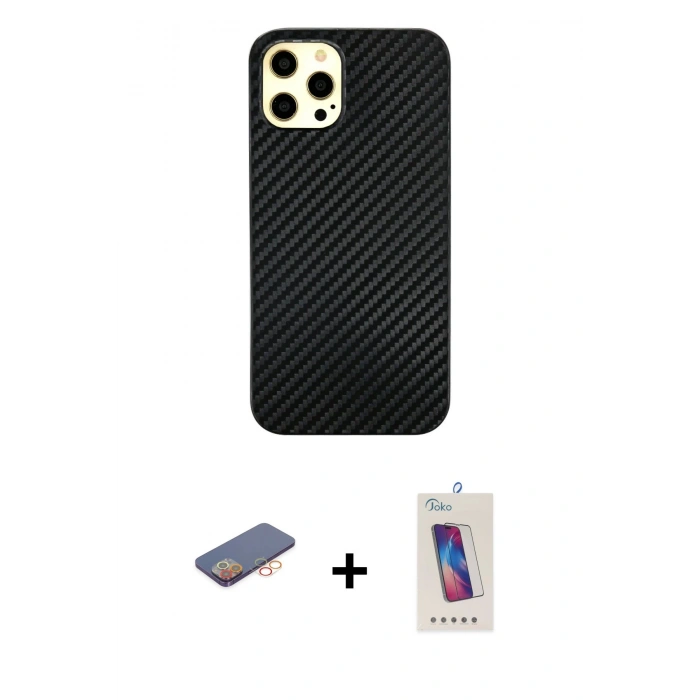 MARSİLYAN™- iPhone 12 Pro Max Kılıf Nova Çizgi - Siyah Joko 5D Cam + Renkli Kamera Lens Koruma Cam - TU