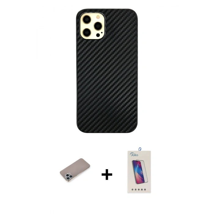 MARSİLYAN™- iPhone 12 Pro Max Kılıf Nova Çizgi - Siyah Joko 5D Cam + Shine Kamera Lens Koruma Cam - SABE